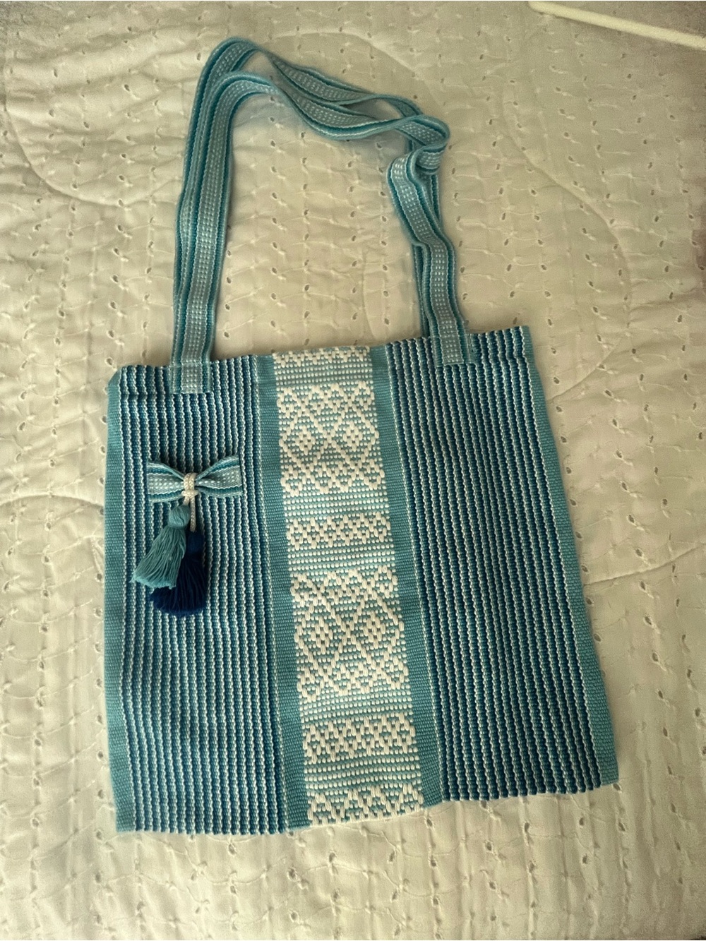 Handwoven Blue Patterned Tote Bag with Tassel